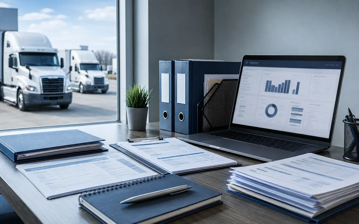 Organized trucking accounting workstation with records and trucks outside