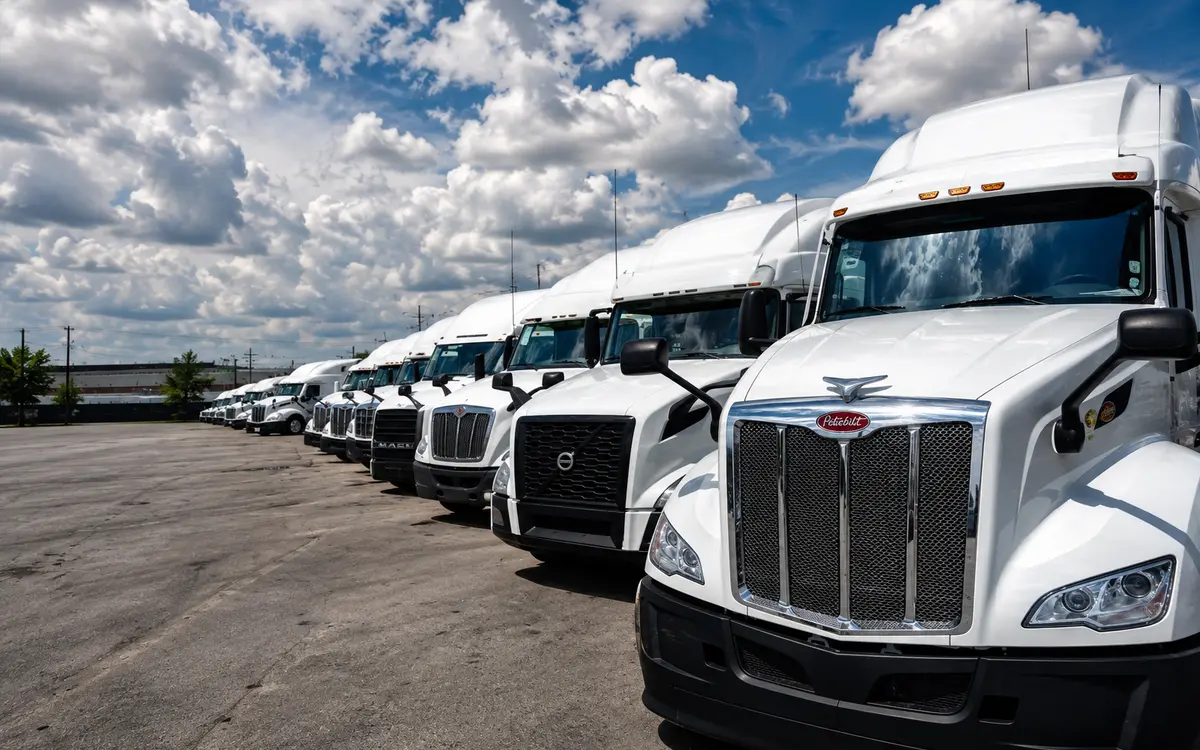 Line of white semi-trucks parked at a fleet yard