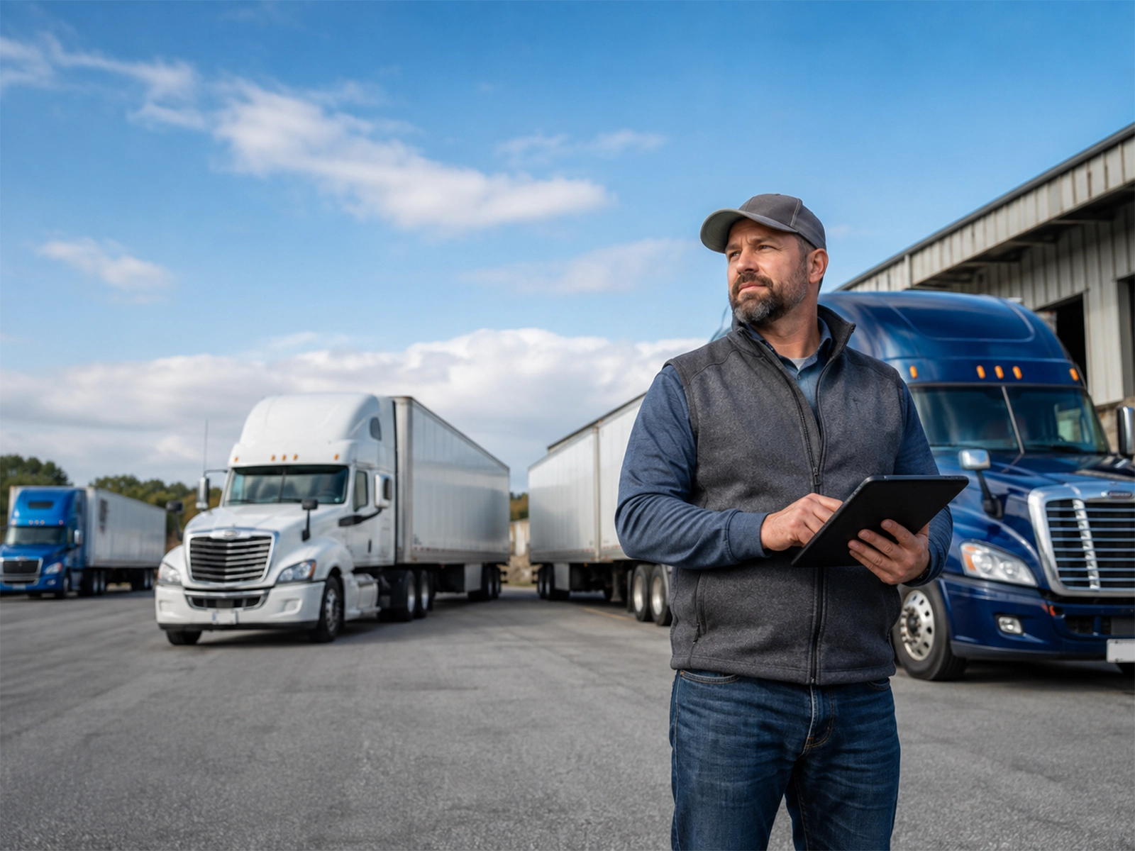 Trucking business operator reviewing fleet operations