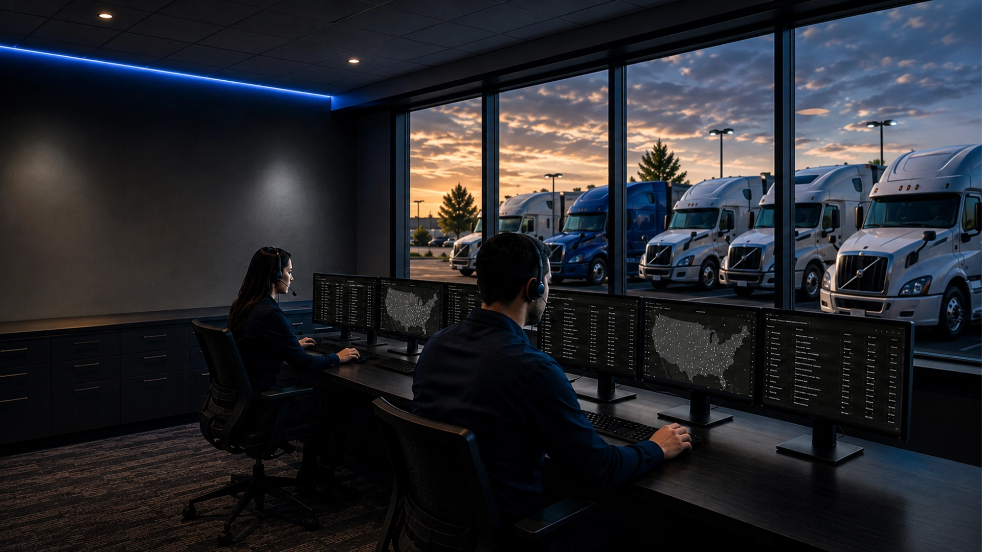 Trucking dispatch operations workspace with dispatchers and trucks visible outside